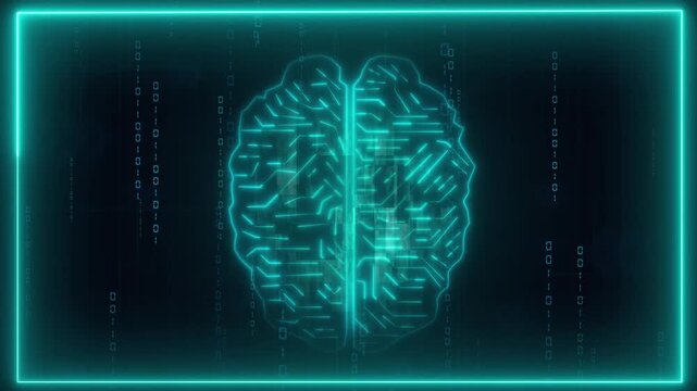 Cyan digital brain model with binary computer matrix code rain. Artificial intelligence symbol for deep machine learning algorithm. Animated cyber mind tech.