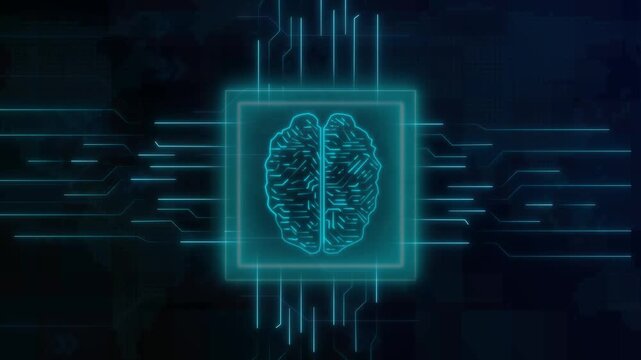 Cyan digital brain inside square tech frame layout on dark. Artificial intelligence head symbol for neural network diagnostics. Animated computer brain icon.