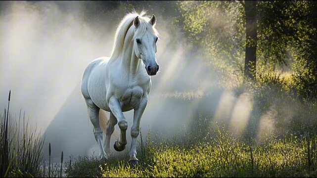 white horse trotting gracefully out of mist into sunlit meadow perfect for World Horse Day
