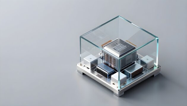 A futuristic high-performance microchip or quantum processor module enclosed in a sleek glass cube.