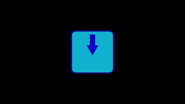 Blue down arrow icon inside rounded square button on black. Direction indicator symbol for digital file transfer download menu. Animated internet layout.