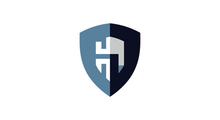 Obraz premium Modern abstract security shield logo icon in blue and grey, representing digital protection, safety, and data privacy.