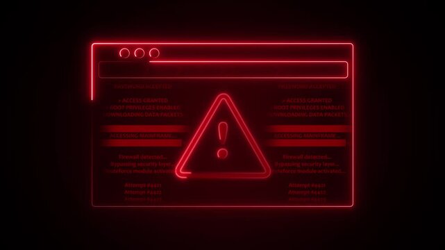 Red neon digital interface panel showing security breach text alert. Cyber security data threat symbol for computer hacking incident. Animated warning loop.