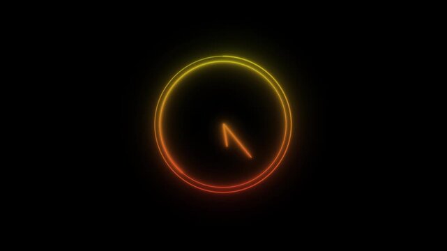 Orange and yellow neon clock face with single moving pointer line. Time management symbol for corporate business schedule deadline. Animated timer graphics.