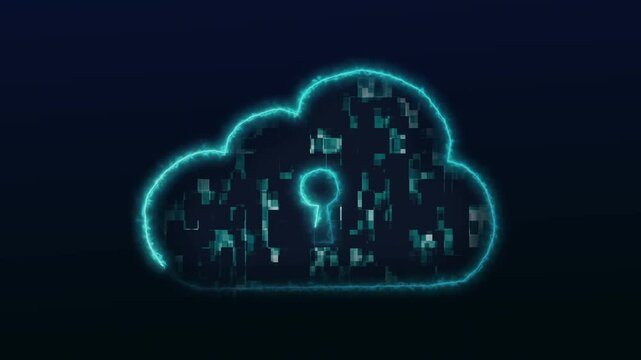 Cyan neon cloud icon with glitching pixels and keyhole security sign. Cybersecurity cloud data storage symbol for server encryption. Animated privacy layout.