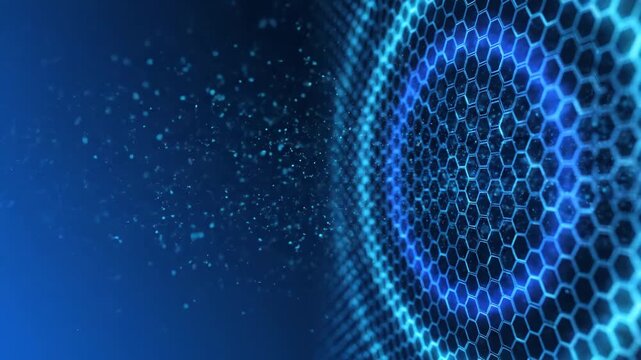Abstract blue hexagonal grid with a glowing energy wave and digital particles. Ideal for technology, science, and futuristic visuals.
