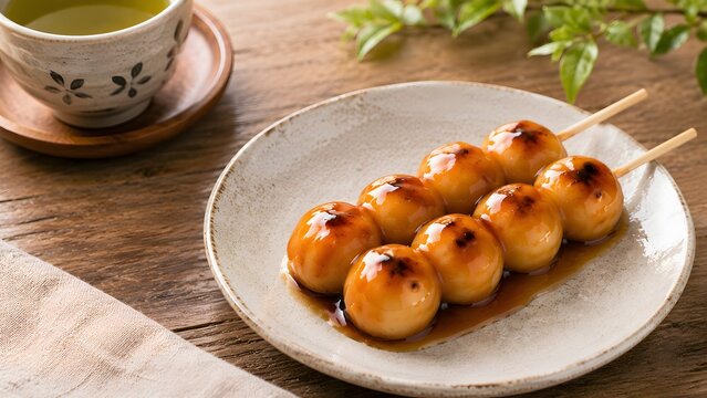 traditional japanese mitarashi dango rice dumplings with sweet soy glaze served with a cup of hot green tea
