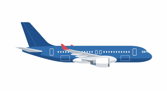 A blue jet aircraft with a red-tipped wing and tail, depicted from the side