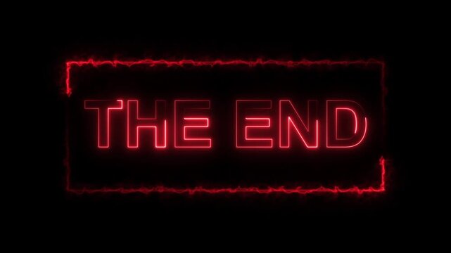Neon red the end text sign inside glowing rectangle frame box. Cinema movie closing symbol for video production finale message. Animated neon sign graphics.
