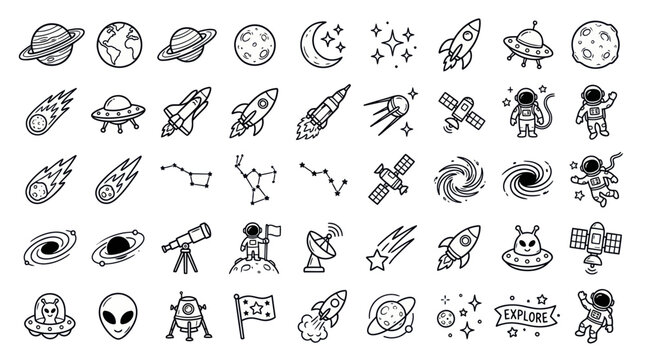 Space exploration and astronomy doodle icon set