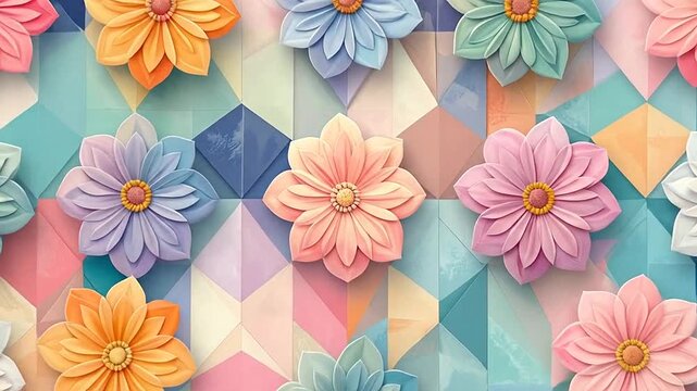 Colorful paper flowers arranged on a geometric patterned background
