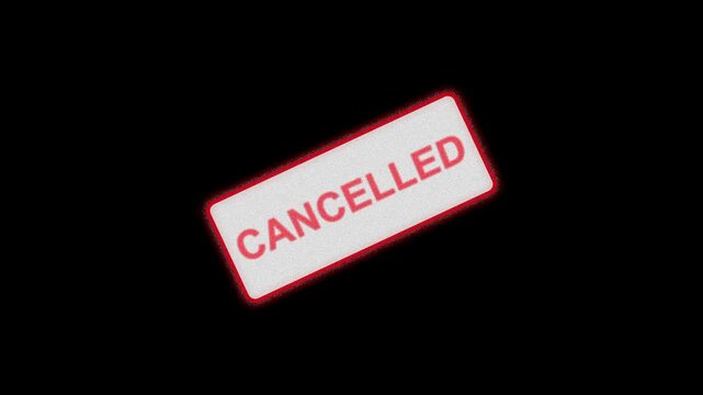 White rectangle stamp overlay with text canceled in red neon outline. Canceled validation rubber stamp symbol for rejected business deal. Animated message.