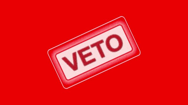 Red veto stamp imprint on bright red background with texture wave. Rejection sign symbol for failed corporate business proposal contract. Animated graphic.
