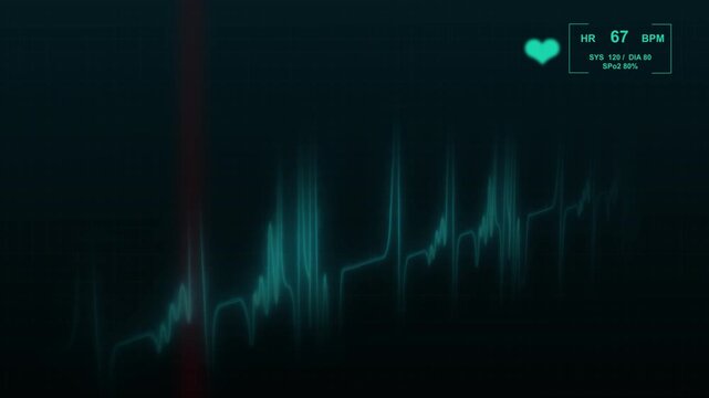 Teal electrocardiogram waveform line on dark screen background. Medical health monitor symbol for cardiology clinical hospital diagnostic. Animated ecg loop.