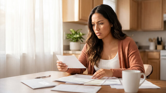 blank letter mockup Latina woman kitchen reading documents message concerned Wider composition reveals surrounding environment and everyday context young woman studies correspondence beside mug and
