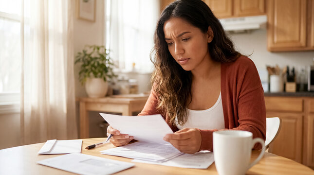 blank letter mockup Latina woman kitchen reading documents message concerned Closer composition highlights facial reaction and the central object young woman studies correspondence beside mug and