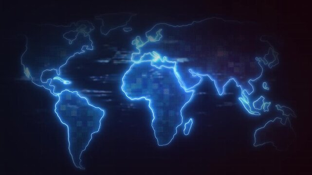 Blue neon world map outline on dark digital technology grid floor. Global network symbol for international cloud data communication. Animated earth tracking.