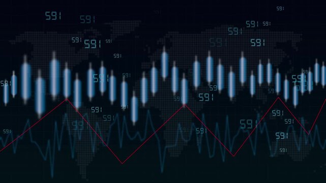 Financial stock market data with candlestick chart world map overlay. Business trading success symbol for international market metrics. Animated growth report.
