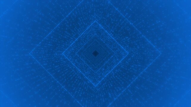 Royal blue color glowing circular dots forming square shape 3d tunnel modern design geometrical background