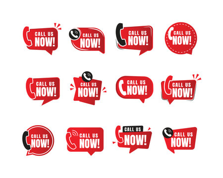 Minimalist red call us now button and contact badge icon set. Clean vector telephone receiver and speech bubble symbols isolated on white background for customer support UI.