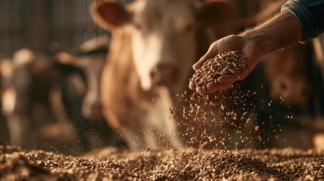 Farmer Feeding Cattle with Livestock Pellets on Sustainable Farm