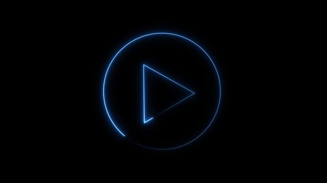 Blue neon play button triangle icon inside circle frame box. Digital media playback symbol for video streaming web launch interface. Animated link graphic.