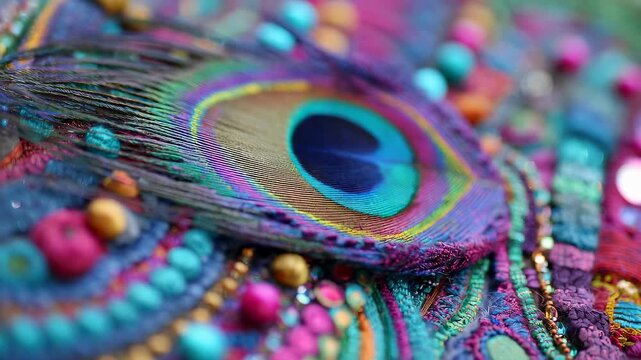 Close-up of peacock feather in traditional Indian embroidery. Colorful textile art with beads and sequins