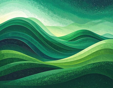 Abstract rolling green hills with textured brushstrokes, illuminated by soft light