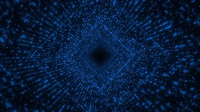 Royal blue color square shape 3d tunnel with appearing and disappearing dots modern design dark geometrical background