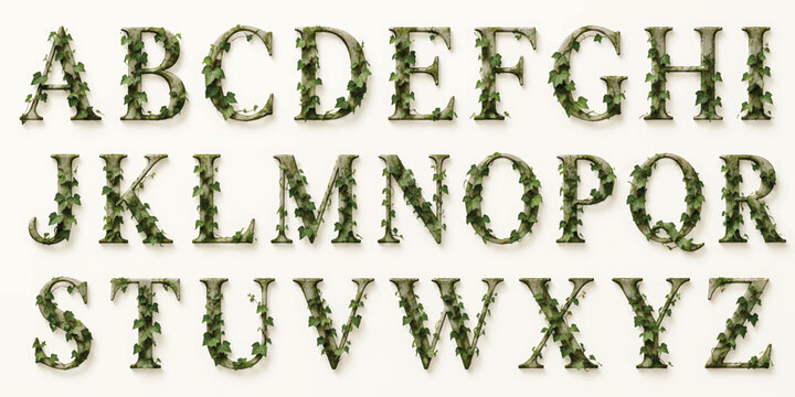 Hand Drawn Alphabet Font Decorated with Green Leaves and Nature Elements
