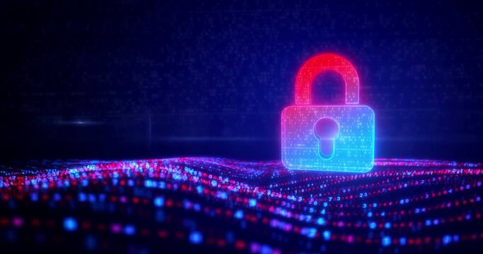 Conceptual image of cyber security and digital data protection symbol on digital waves. Abstract icon over digital sea and flowing cyber waves background animation.