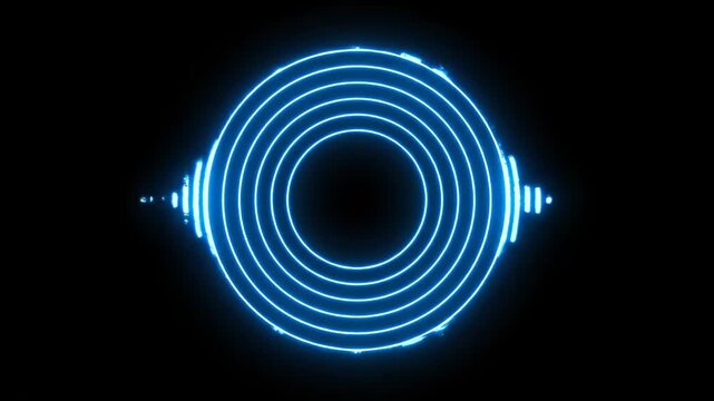 Abstract blue neon circular audio equalizer animation with pulsating sound waves on a dark background. Perfect for music, technology, and futuristic projects.