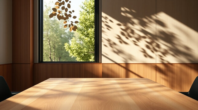 Empty Wooden Table with Sunlight and Leaf Shadows