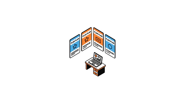 An isometric illustration showing a desk with various subscription plan options displayed