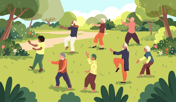 Senior people make tai chi in park. Chinese health improving gymnastics, group qigong practicing, old characters, Outdoor wellness activity for adults, tidy vector cartoon isolated concept