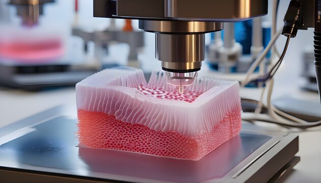 Photorealistic 3D bioprinter creating human ear tissue layer by layer, medical lab with extreme close up