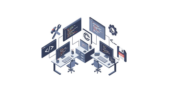An isometric illustration of a modern software development office workspace