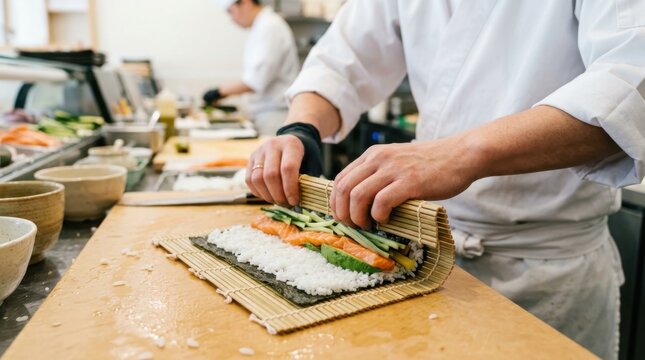 Chef rolling sushi with bamboo mat in a busy restaurant kitchen, assembling salmon, cucumber, avocado and rice on seaweed for fresh Japanese food preparation and dining service for advertising and edi