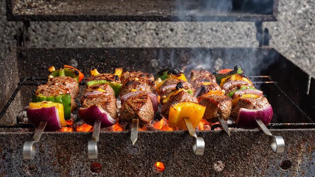 Grilled meat skewers cooking over hot coals. Beef chunks sizzle. Peppers char onions grill coals fire.