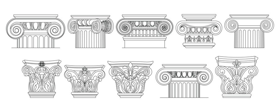 Set of ten highly detailed classical column capitals, line art drawing architectural design elements in outline style.