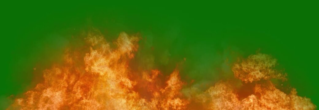 Large Fire Flames Isolated on Green Screen Background. 3d render