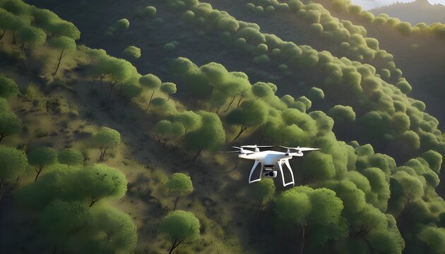 Photorealistic reforestation drone dropping seed pods over deforested hillside, conservation tech, representing nature therapy, environmental wellness, and natural mindfulness