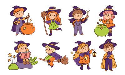 Obraz premium Kawaii little wizards boys. Cute funny children, magicians and witches in costumes with cauldrons, brew potions, conjure, fly on broom scene, halloween, garish vector cartoon isolated set