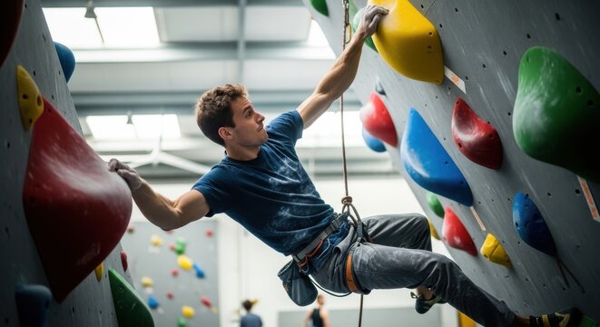 young man climbing indoor rock wall with colorful holds