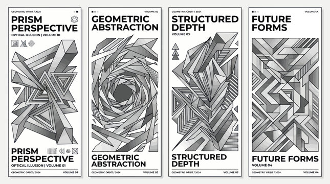 Abstract monochrome geometric poster set with three dimensional forms