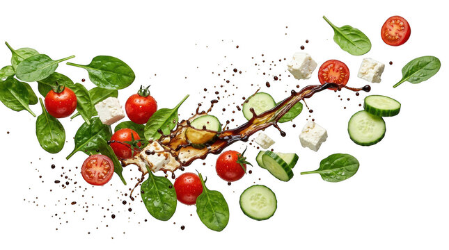 Fresh vegetable salad ingredients flying with tomatoes spinach cucumber cheese and balsamic glaze