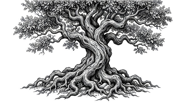 Majestic old oak tree with intricate gnarled roots