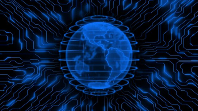 Royal blue color rotating hi tech hologram globe with motherboard chip big data hi tech design loopable dark technology background 