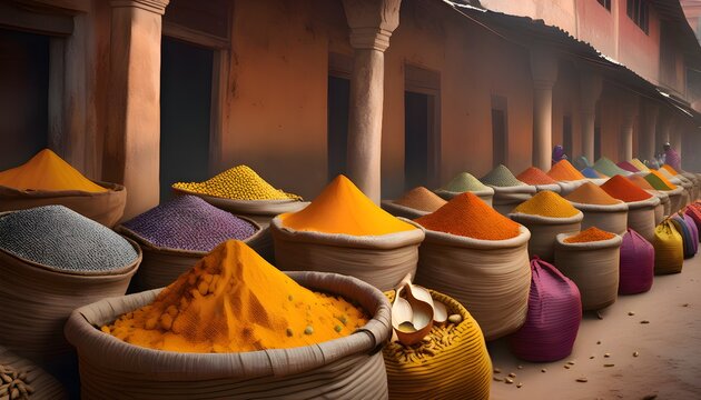 Photorealistic Zanzibar spice market, colorful sacks of turmeric cardamom cloves with vendor nearby