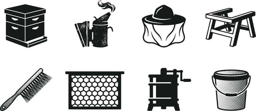 Beekeeping Equipment Silhouette Icons Collection for Honey Production and Apiary Tools